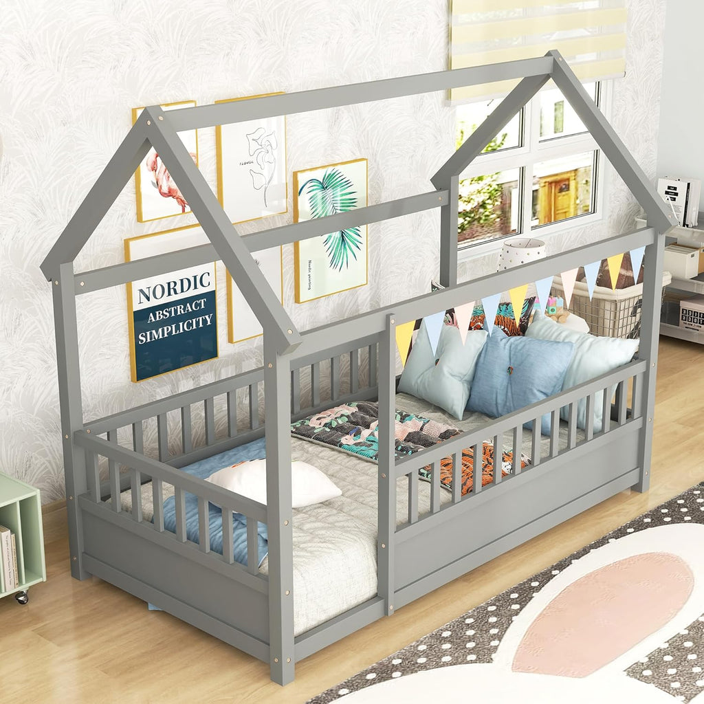 Twin Size House Bed with High Fence M1423