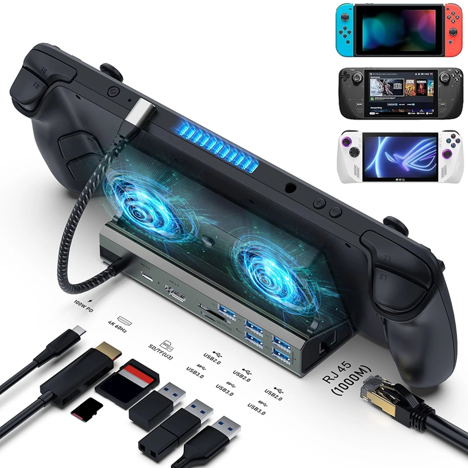 Steam Deck Docking Station with 2 Fans, 4K 60Hz HD Multimedia Interface, USB3.0 2.0, Gigabit RJ45, 100W PD Charging Port Q57214