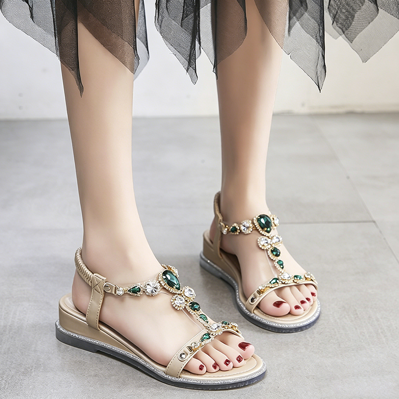 Women's Rhinestone Flat Sandals, Open Toe Elastic Ankle Strap Comfort Beach Sandals