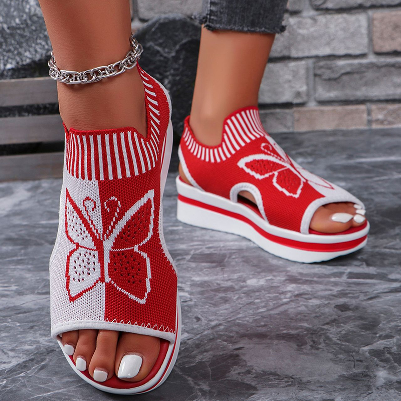 Women's Butterfly Print Knit Slip On Platform Wedge Sandals Open Toe Cutout  Casual  Shoes