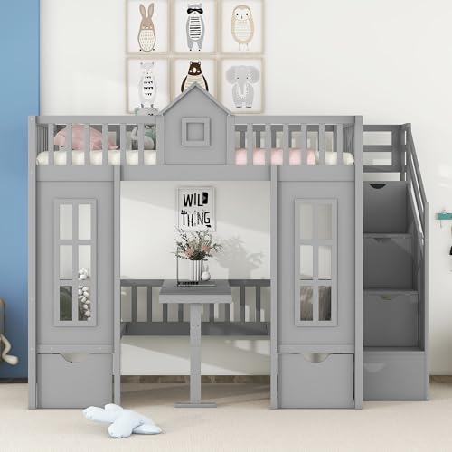 White Wooden Bunk Beds with Stairs and 2 Storage Drawers N6358