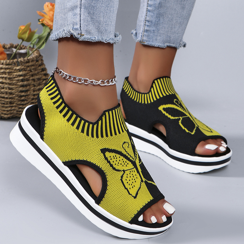 Women's Butterfly Print Knit Slip On Platform Wedge Sandals Open Toe Cutout  Casual  Shoes