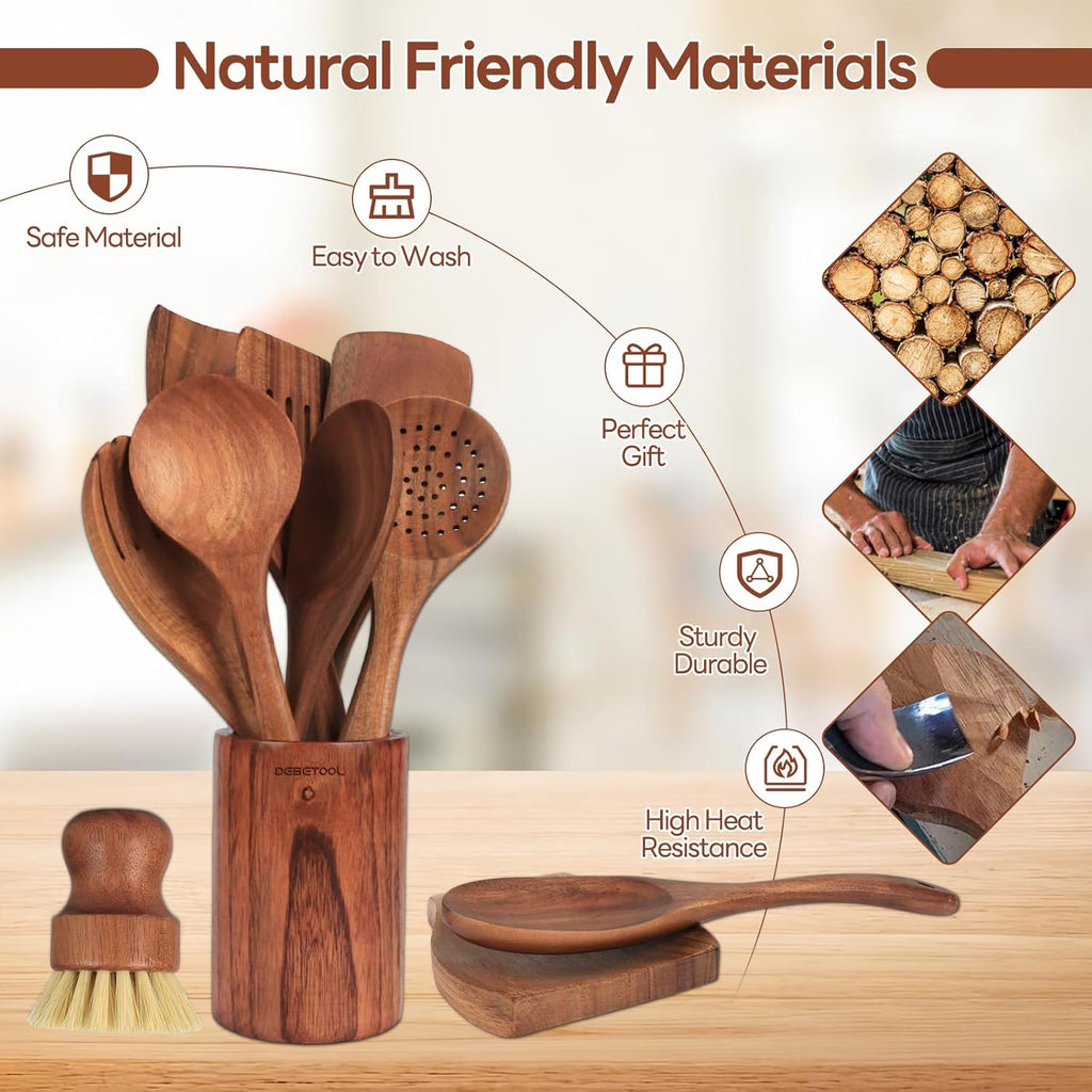 10 piece Natural Teak Wooden Utensil Set K2796