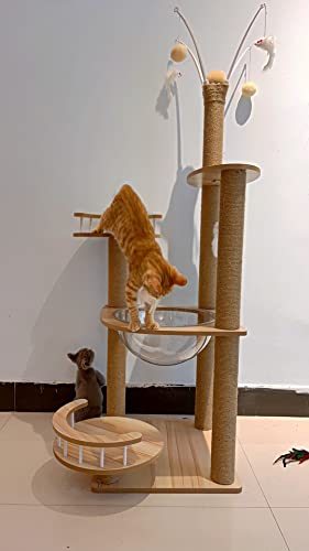 Wooden Large Cat Tree Floor to Ceiling Cat Tower Height Adjustable with Natural Sisal Rope Scratching Post Cozy Bed N546105