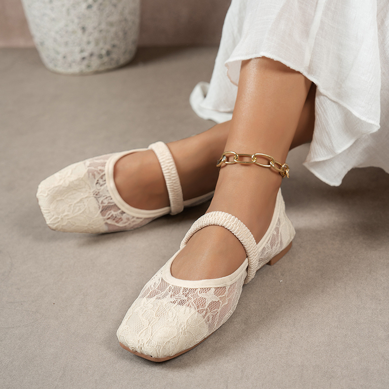 Women's Lace Floral Mesh Everyday Flats – Comfortable Elastic Ankle Strap