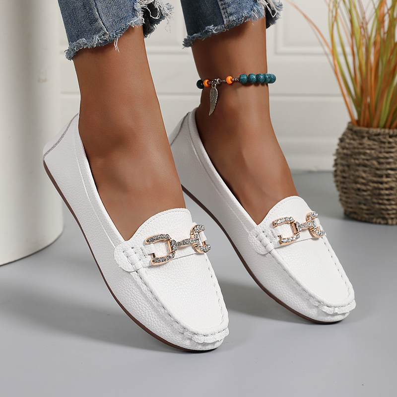 Women's Rhinestone Metal-Buckle Flats – Soft Faux Leather Slip-Ons