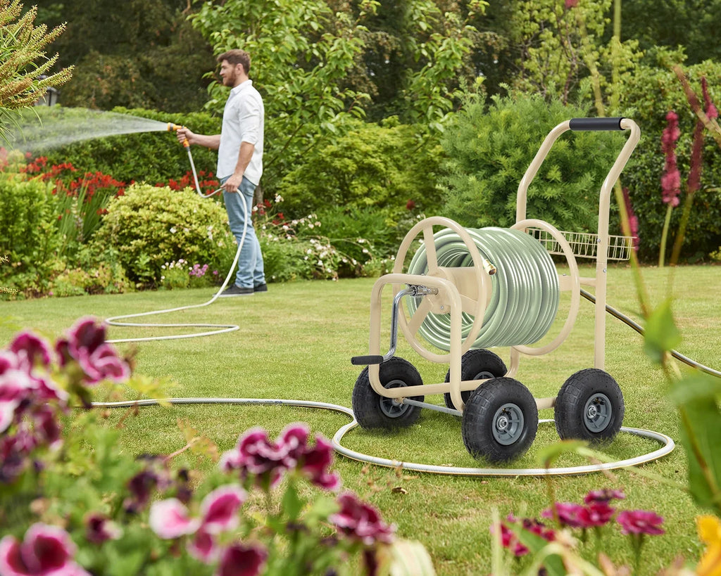 Tan Metal Hose Reel Cart Holds 300-Feet of 5/8-Inch Hose D92025