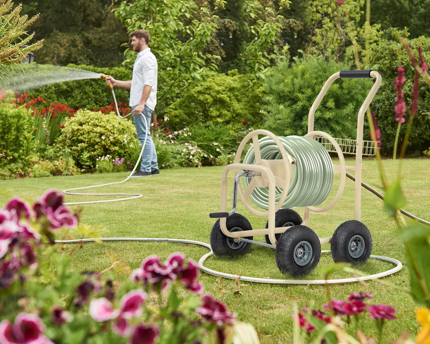 Tan Metal Hose Reel Cart Holds 300-Feet of 5/8-Inch Hose D92025