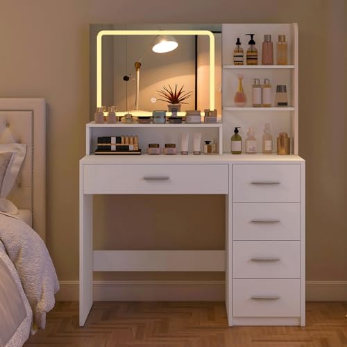 White Vanity Desk with 5 Drawers & Mirror O30456