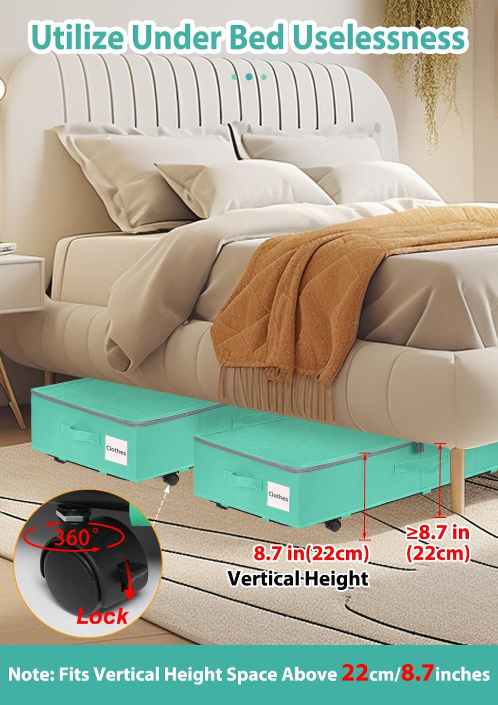 Teal Blue Under Bed Storage Containers with Wheels, 2 Pack Large Foldable Z945031
