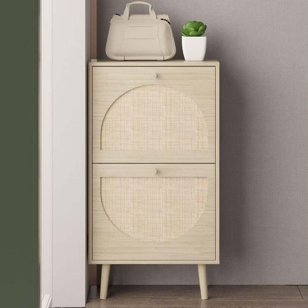 2 Drawers Slim Shoe Cabinet Rattan Shoe Storage Cupboard Organizer Unit with Doors O562889