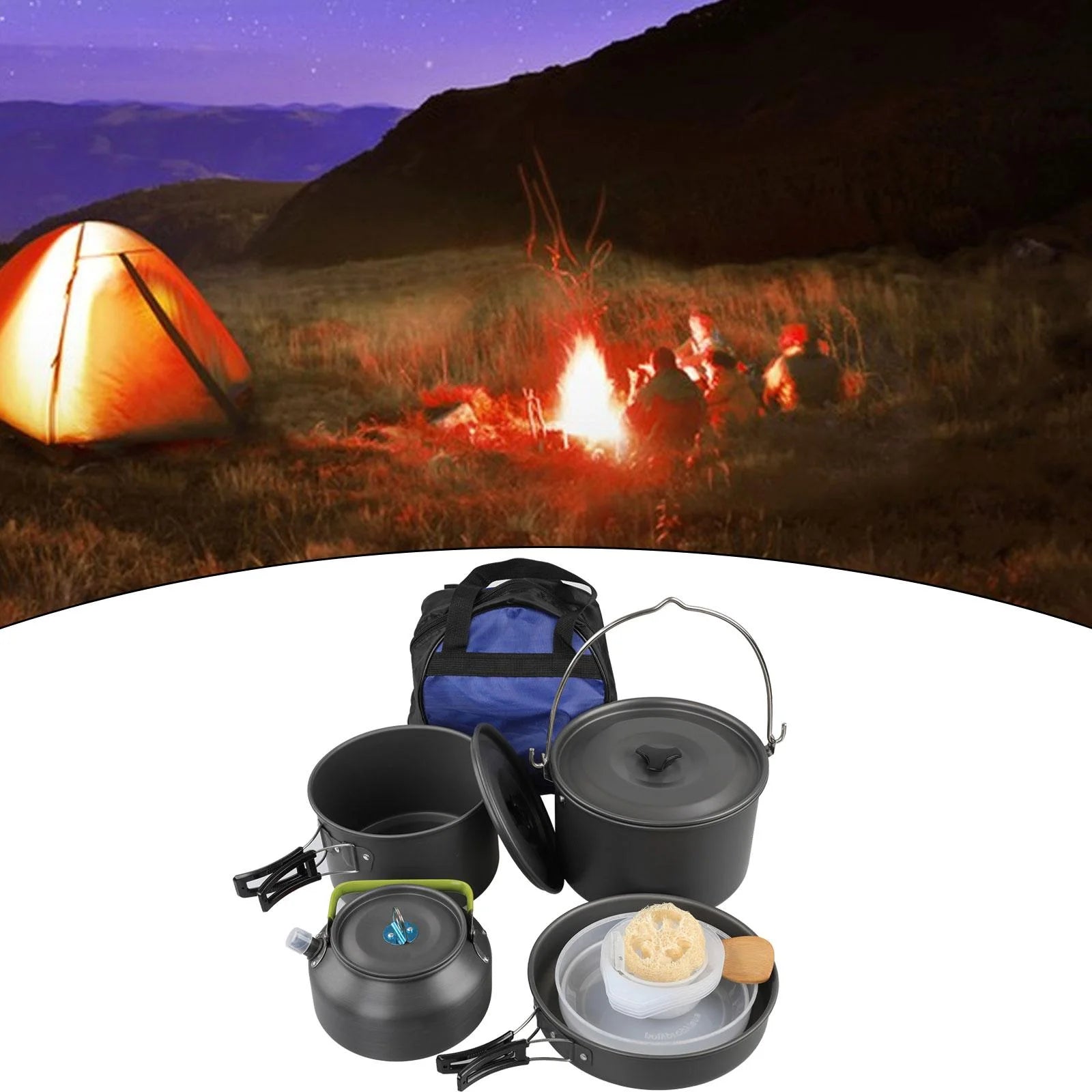 Portable Aluminum Camping Cookware Set with Teapot and Pan V422