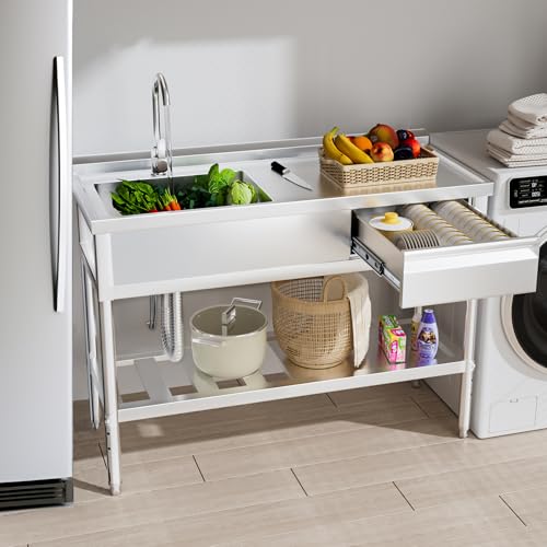 47" 304 Stainless Steel Utility Sink with Workbench, Drawer Storage & Hot/Cold Water Pipes I792768