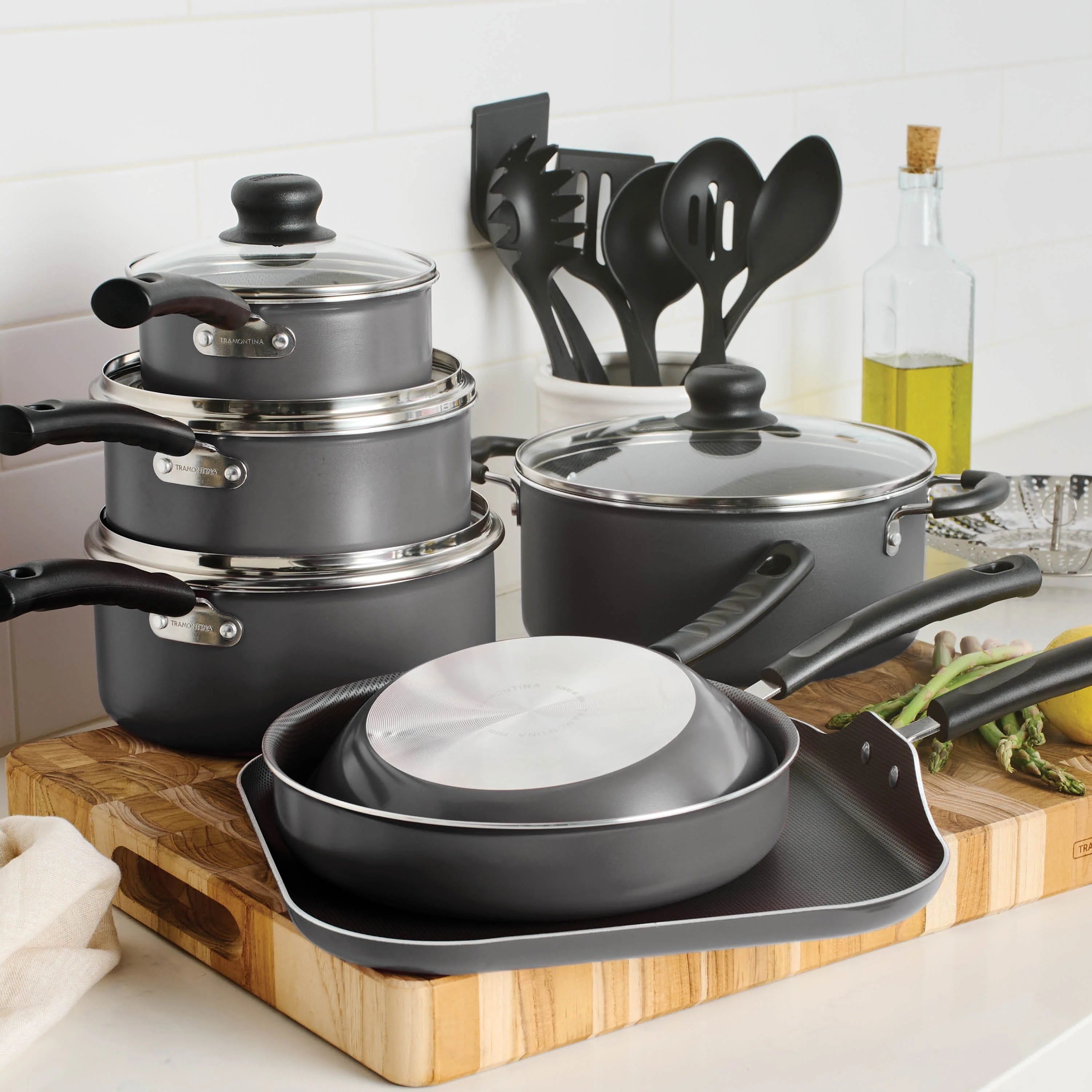 18 Piece Non-stick Cookware Set, Steel Gray Y614