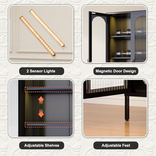 Black Tall Curio Cabinet with Glass Doors and Lights A645889