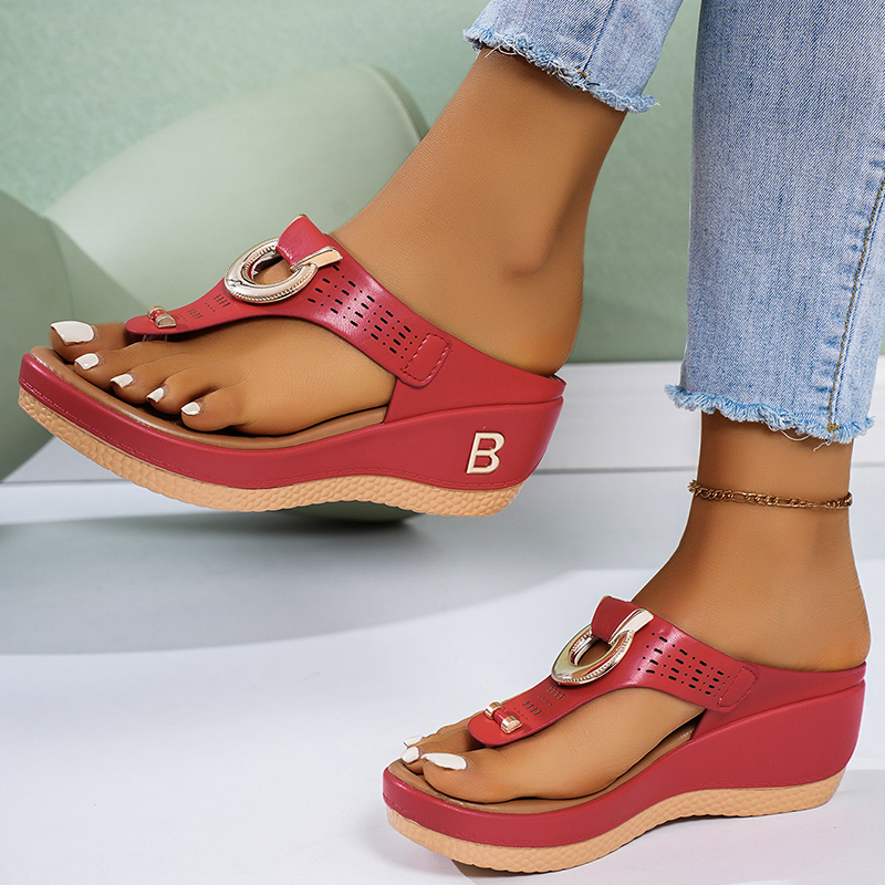 Women's Wedge Platform Flip Flops Metal Ring Decor Open Toe Slip On Summer Outdoor Casual Slippers