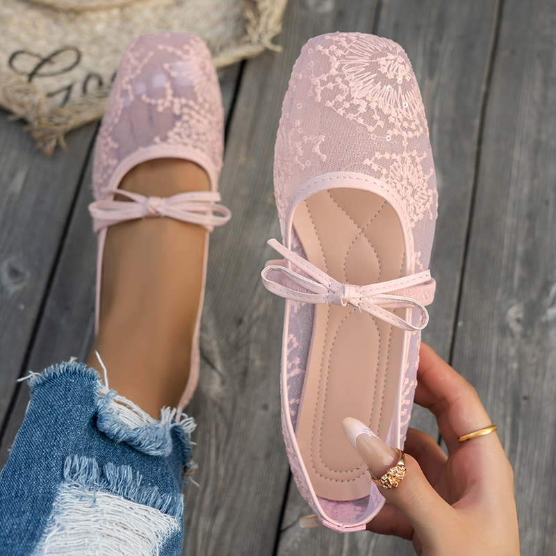 Women's Lace Floral Mesh Everyday Flats – Comfortable Elastic Ankle Strap