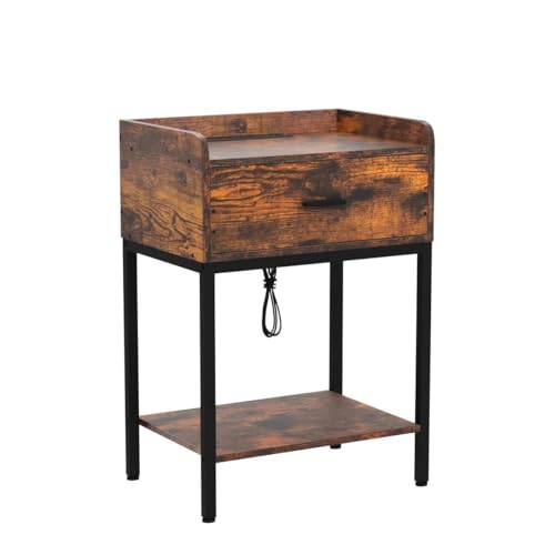 3-Tier Nightstand Set of 2 with Charging Station and Drawer, Oak Grey S985