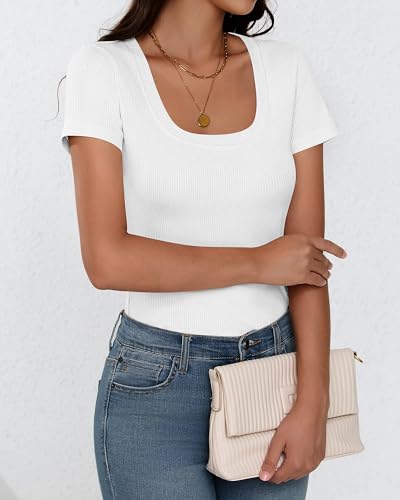 3 Pack Women's Short Sleeve Scooped Neck Ribbed Knit Tee U3881