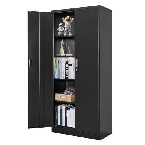72" Steel Tall Garage Storage Cabinet with Lock, 4 Adjustable Shelves (Black) I279