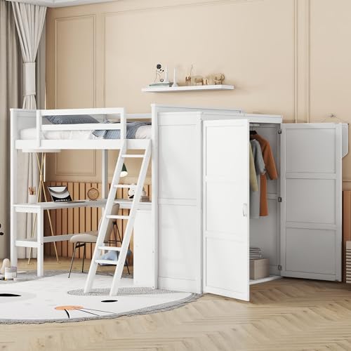 Grey Twin Size Solid Wood Loft Bed with Desk and Wardrobe X3353