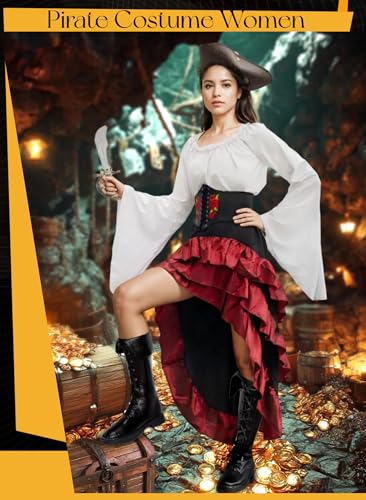 Beige+Brown Women Pirate Costume with Shirt Skirt Corset Waist Belt F553138