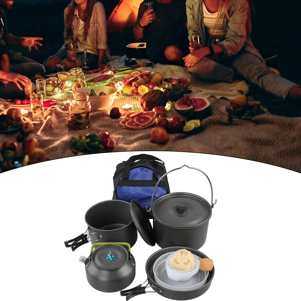 Portable Aluminum Camping Cookware Set with Teapot and Pan V422