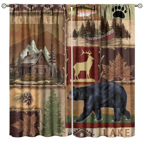 Rustic Bear Moose Deer Curtains, Retro Pine Tree Cabin Country Lodge Camping Window Treatments Vintage Tribal Aztec Abstract Geometric Blackout Window Drapes 42x63in Z10765