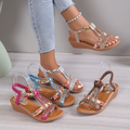 Women's Wedge Sandals Rhinestone Braided Strap Elastic Ankle Strap Open Toe Platform Casual Shoes
