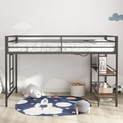 Black Twin Size Metal Loft Bed with Desk and Storage Stairs Y982
