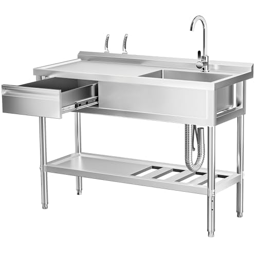 47" 304 Stainless Steel Utility Sink with Workbench, Drawer Storage & Hot/Cold Water Pipes I792768