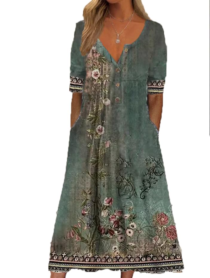 Women's Summer Floral Print Maxi Dresses Short Sleeve V Neck Casual Loose Dress with Pockets T5137