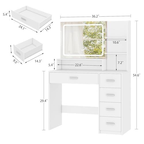 White Vanity Desk with 5 Drawers & Mirror O30456