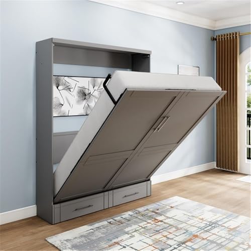 Queen Size Gray Solid Wood Murphy Wall Bed A5539