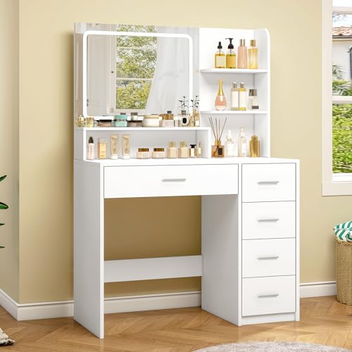 White Vanity Desk with 5 Drawers & Mirror O30456
