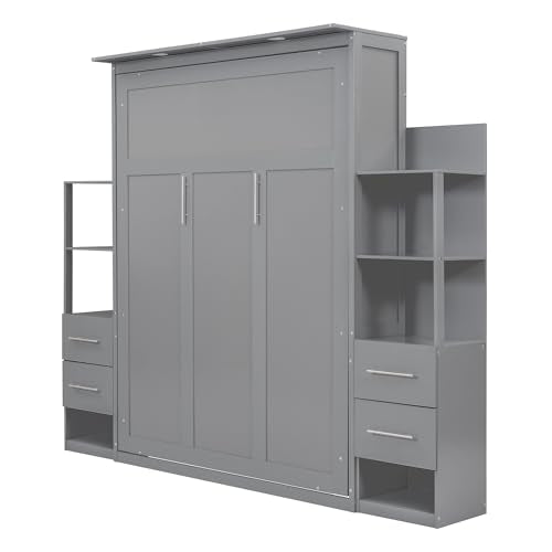 Gray Queen Size Wood Wall Bed with Shelves and Drawers T2974