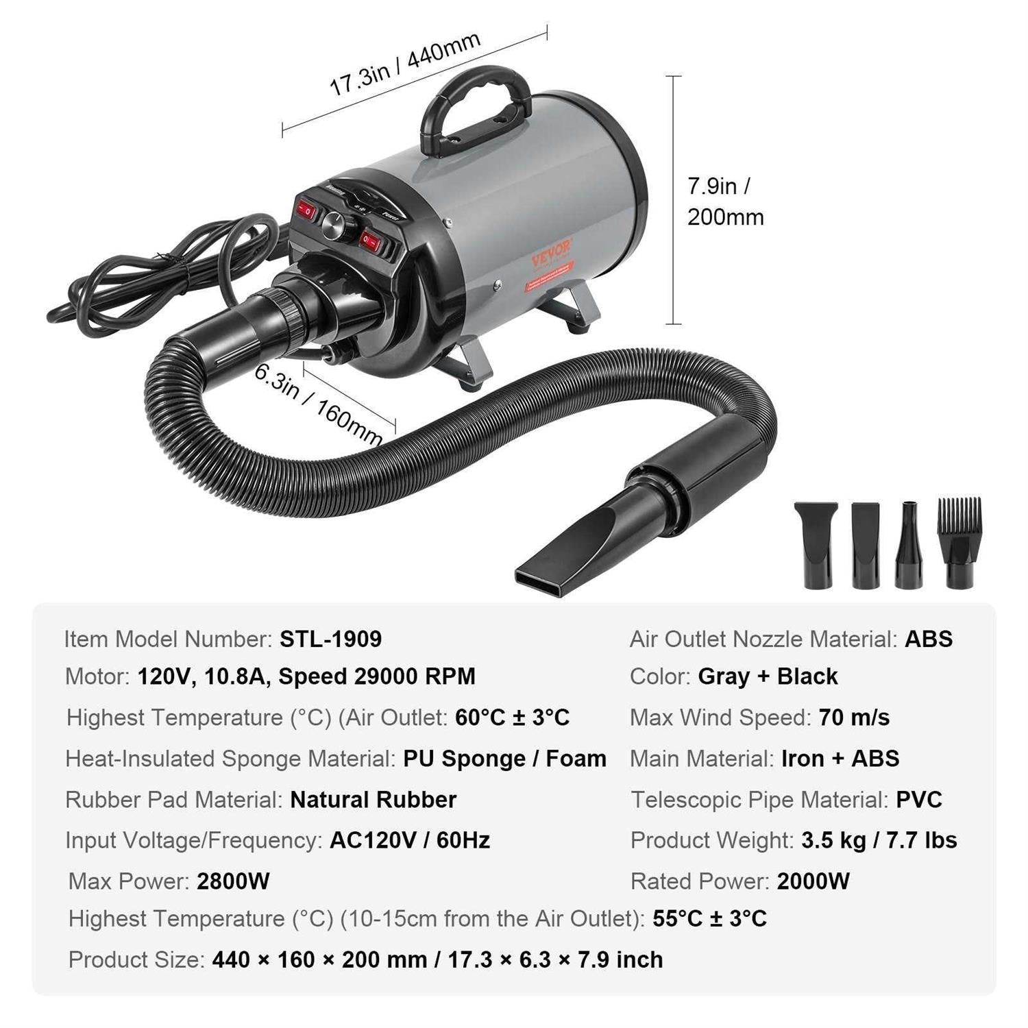 2000-Watt Pet Hair Dryer with 4 Nozzles T8678