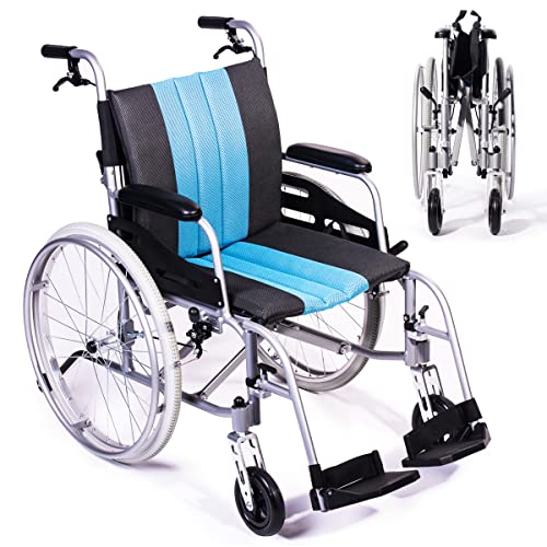 Blue Lightweight Self-propelled Wheelchair with Travel Bag and Cushion C189
