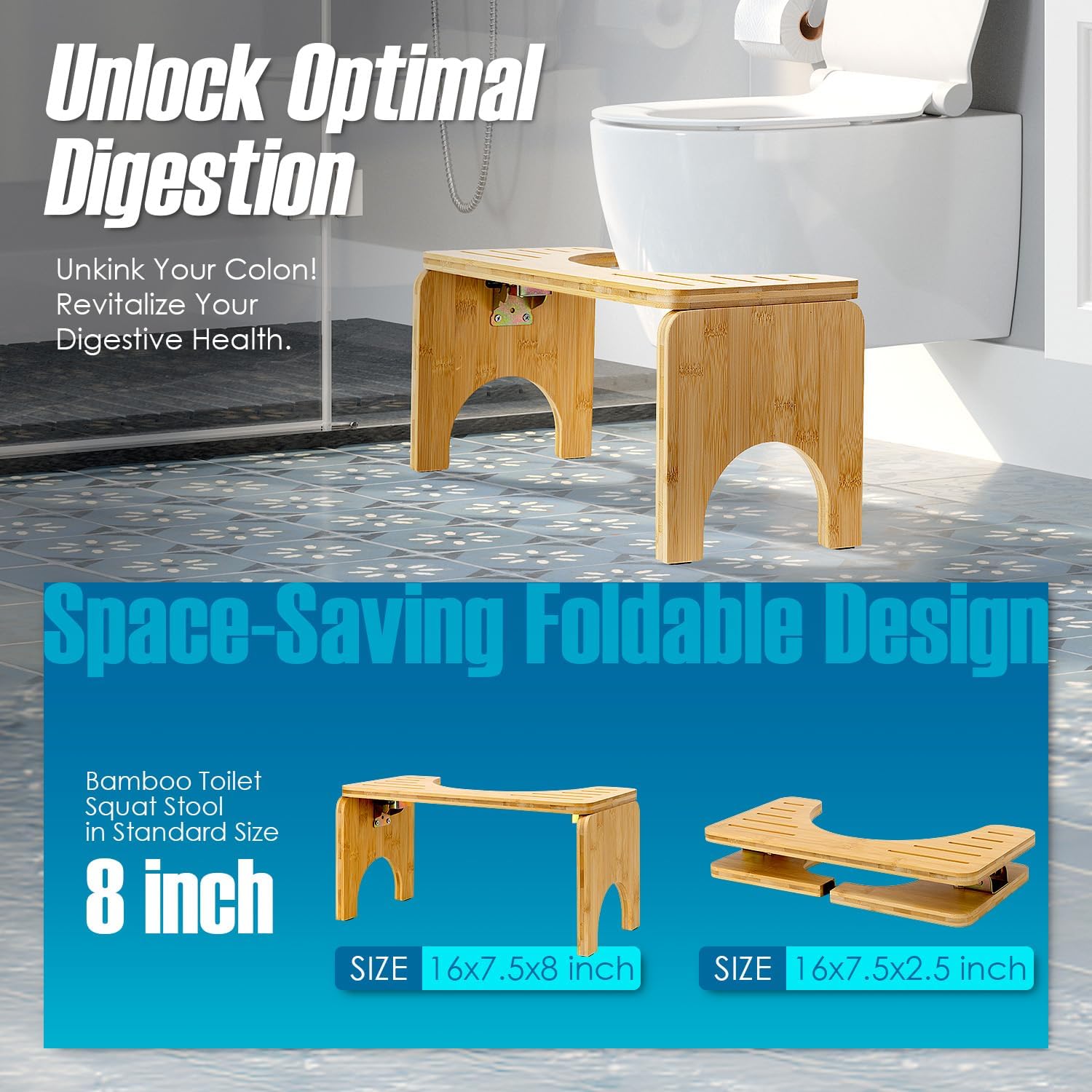 8 Inches Foldable Bamboo Toilet Stool with Non-Slip Pads M9703