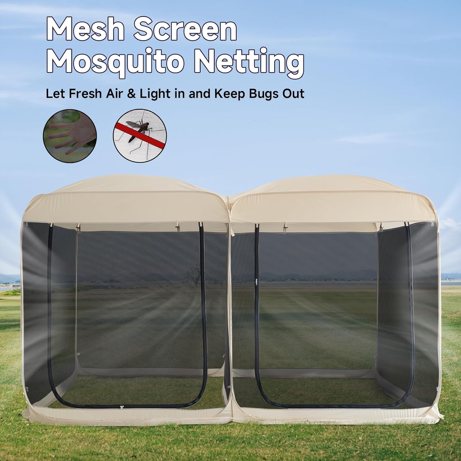 Beige 12' x 7.5' Pop Up Screen Tent Gazebo with Mesh Mosquito Netting S2031