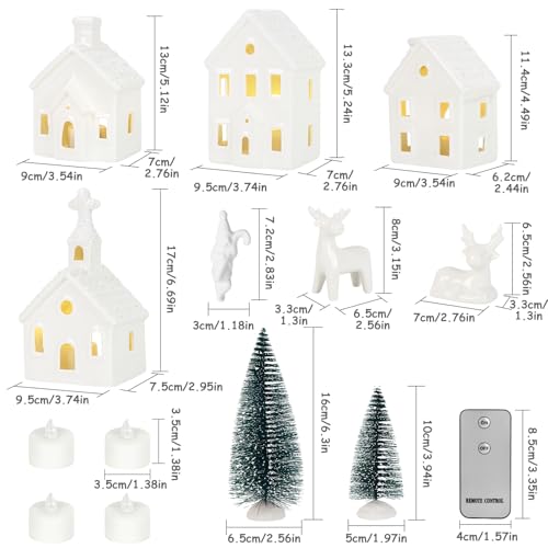 9 Piece Christmas Village Sets with 4 Remote Control Lighted Ceramic Houses, 2 Trees, 2 Deer & Santa L236147