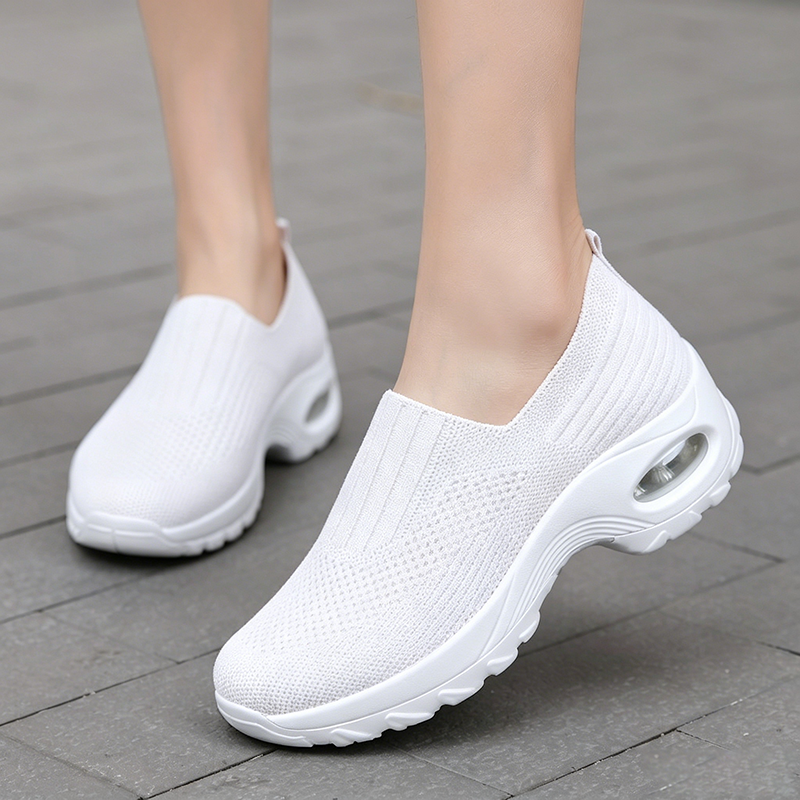 Women's Slip On Air Cushion Platform Sneakers Breathable Knit Walking Shoes Comfort Wedge Casual Loafers