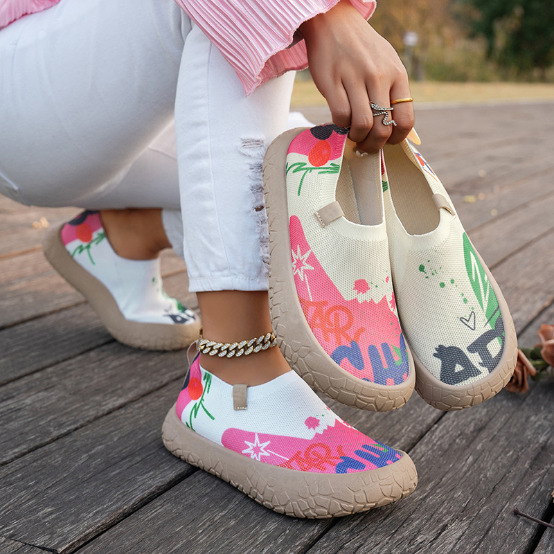 Women's Slip-On Canvas Shoes Casual Graffiti Print Sneakers Breathable Knit Non-Slip Lightweight Walking Shoes