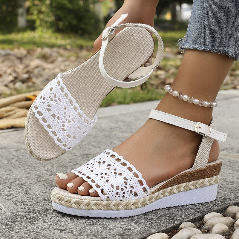 Women's Crochet Lace Espadrille Wedge Sandals - Adjustable Ankle Strap Wedges