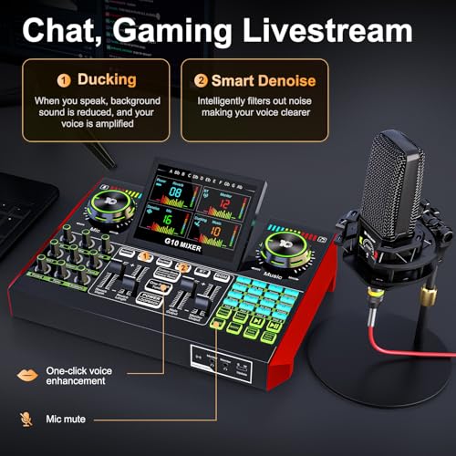 Podcast Microphone Bundle with Live Sound Card Audio Mixer, 3.5mm Condenser Microphone, Sound Board with Voice Changer J44245