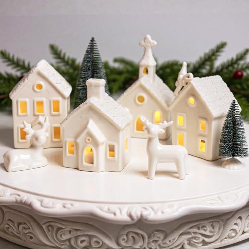 9 Piece Christmas Village Sets with 4 Remote Control Lighted Ceramic Houses, 2 Trees, 2 Deer & Santa L236147