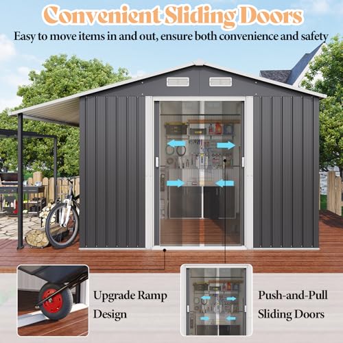 Dark Grey/White Metal Storage Shed with Sliding Doors F3841