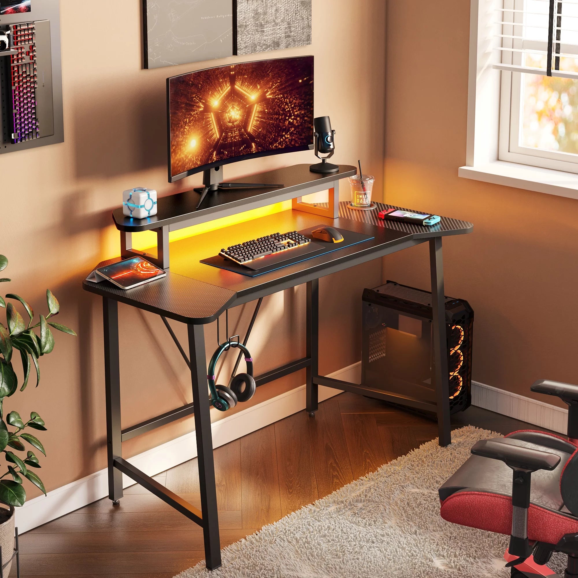 Black 50 Inch Gaming Desk with LED Lights Q9664