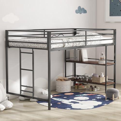 Black Twin Size Metal Loft Bed with Desk and Storage Stairs Y982