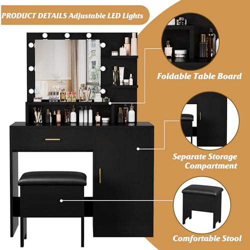 White Vanity Desk with Mirror and Lights and Drawer G773493